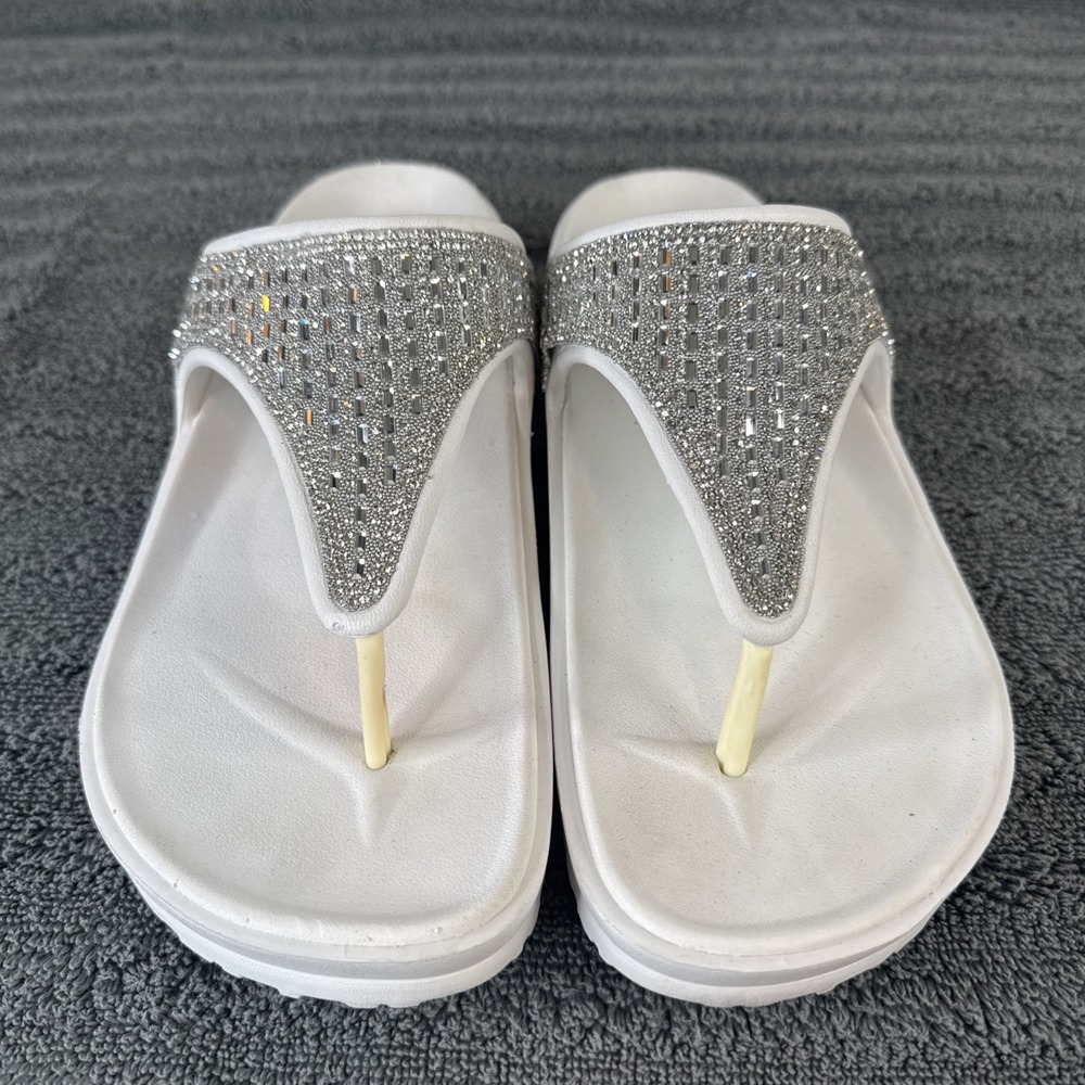 Skechers Luxe Foam Flip Flops White Silver Beaded Platform Sandals 8 - Picture 7 of 8